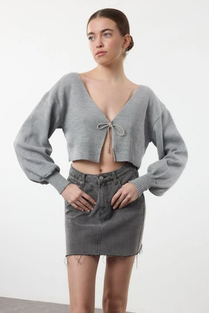 Trendyol Grey Super Crop Basic Bow Knit Cardigan