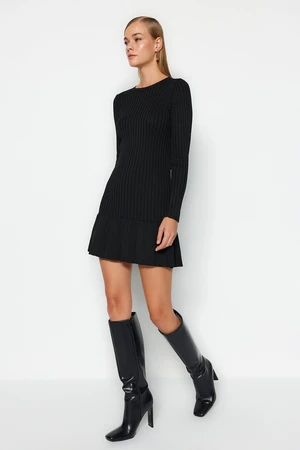 Trendyol Black Mini Knitwear Pleated Skirt Detailed Dress