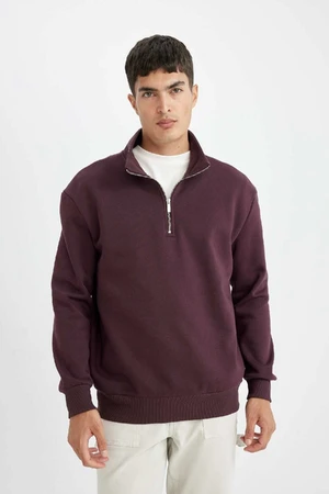 DEFACTO Dark Burgundy Comfort Regular Fit Casual Pattern Stand Collar Zippered Thick Basic Plain Sweatshirt