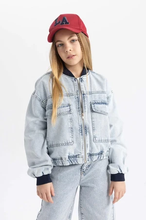 DEFACTO Girls College Collar Zippered Pocket Seasonal Light Thin Jean Bomber Jacket