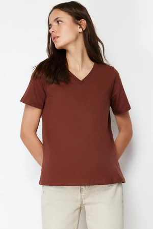 Trendyol Brown 100% Cotton Basic V-Neck Knitted T-Shirt