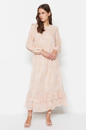 Trendyol Light Pink Floral Lined Woven Chiffon Dress with Ruffle Detailed on the Shoulders