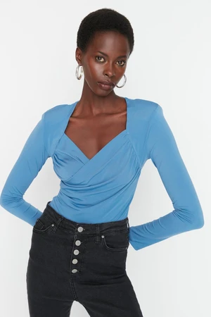 Trendyol Indigo Waistband Draped Detailed Fitted/Situated Elastic Snaps Knitted Bodysuit