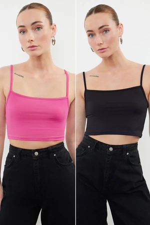 Trendyol Black-Fuchsia 2 Pack Polyamide Content Strappy Crop Fitted Flexible Knitted Undershirt