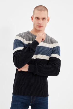 Trendyol Grey Slim Fit Wool Crew Neck Panelled Color Block Knitwear Sweater