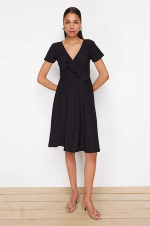 Trendyol Black Ruffled Double Breasted Closed Skater/Waist Opened Flexible Midi Knitted Dress