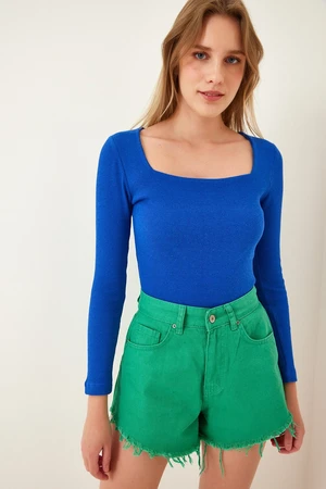 Happiness İstanbul Women's Vivid Blue Square Neck Ribbed Knitted Blouse