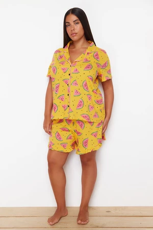 Trendyol Curve Light Orange Watermelon Patterned Shirt Collar Knitted Pajama Set