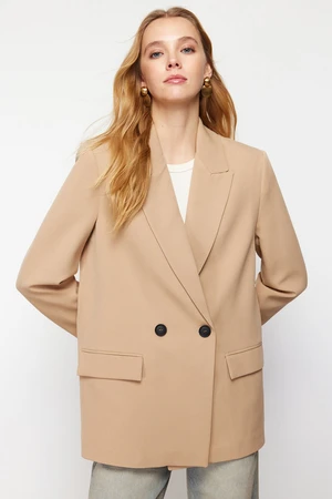 Trendyol Camel Oversize Straight Cut Basic Double Breasted Woven Blazer Jacket