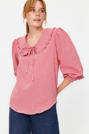 Trendyol Red Collar Detailed Woven Checkered Woven Blouse