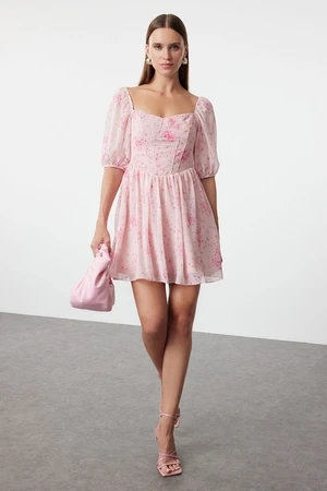 Trendyol Pink Floral Patterned Mini Woven Dress with Corset Detailed Skirt Opening at the Waist