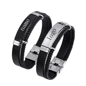 2022 Trendy Men Leatherwear Weave Bracelet Leisure Color Contrast Stainless Steel Bangle Custom Engraved Name Logo