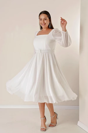 By Saygı Plus Size Chiffon Dress with a Square Neckline, Belted Waist and Lined