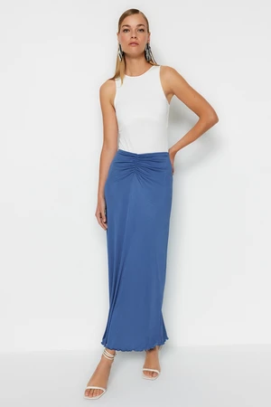 Trendyol Blue Pleated Maxi Stretch Knitted Skirt