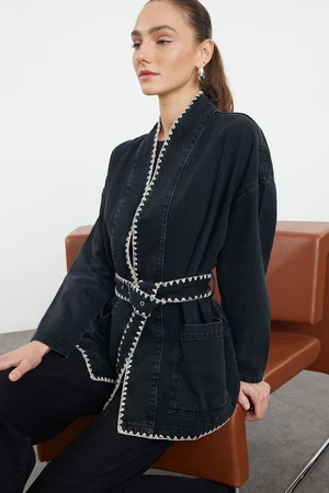 Trendyol Black Embroidered Belted Oversize Denim Jacket