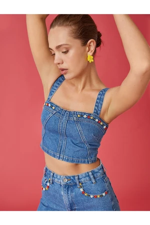 Koton Sleeveless Beaded Embroidered Denim Crop Top