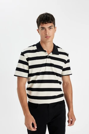 DEFACTO New Regular Fit Regular Cut Polo Collar Black Striped Short Sleeve Polo Shirt