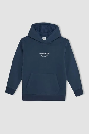 DEFACTO Boy Navy Blue Pocket Text Printed Hooded Thick School Sweatshirt