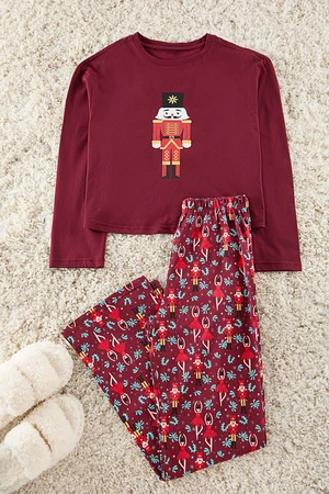 Trendyol Claret Red 100% Cotton Christmas Themed Knitted Pajama Set