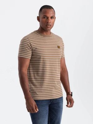 Men's striped t-shirt with Ombre Design patch - brown and white