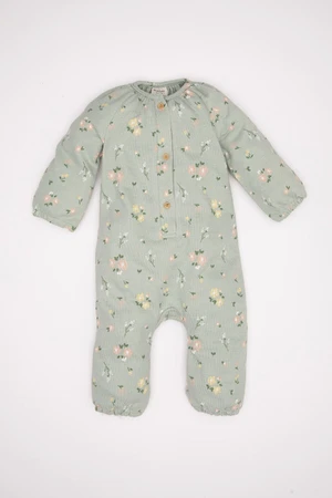 DEFACTO Baby Girl Newborn Green Buttoned Floral Patterned Long Sleeve Jumpsuit