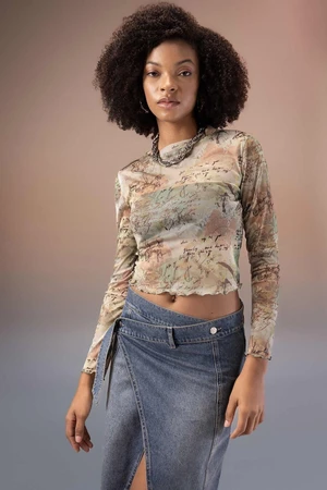 DEFACTO Crop Crew Neck Batik Tulle Long Sleeve T-Shirt