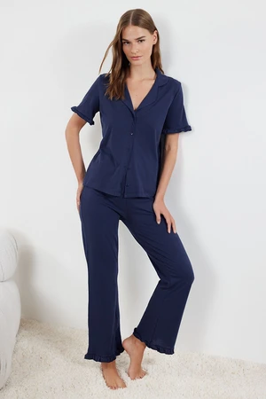 Trendyol Indigo 100% Cotton Ruffle Detailed Knitted Pajama Set