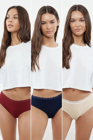 Trendyol Ten-Burgundy-Navy Blue 3-Pack Cotton Lace Detailed Comfortable Hipster Knitted Panties