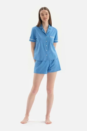 Dagi Blue Shirt Collar Scalloped Pile Detailed Knitted Pajamas Set