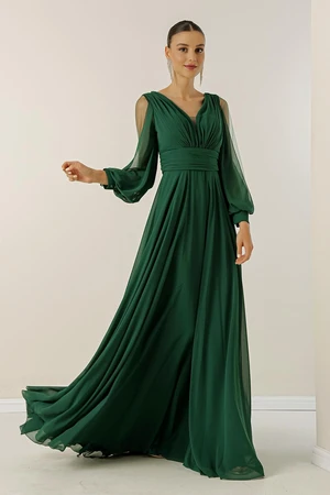 By Saygı Front Back V-Neck Draped Long Sleeves Tulle Lined Wide Body Split Long Chiffon Dress.