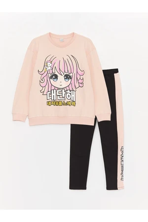 LC Waikiki Girls' Crew Neck Long Sleeve Printed Sweatshirt and Leggings Trousers