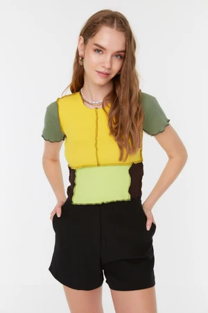 Trendyol Yellow Color Block Corduroy Crop Knitted Blouse