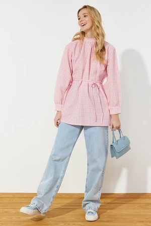 Trendyol Dusty Rose Belted Woven Seersucker Plaid Tunic