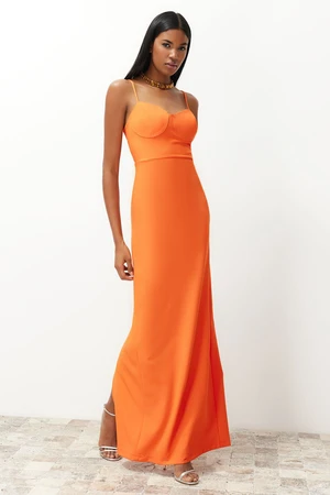 Trendyol Orange Chest Detailed Fitted Woven Long Evening Dress