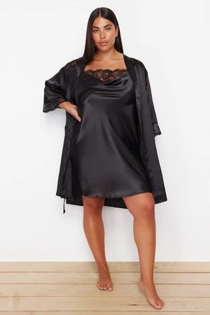 Trendyol Curve Black Lace Detailed Belted Satin Woven Dressing Gown