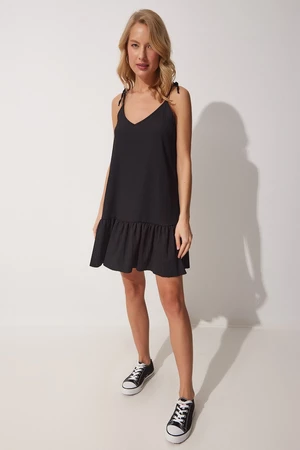 Happiness İstanbul Women's Black Tied Strap Summer Knitted Dress