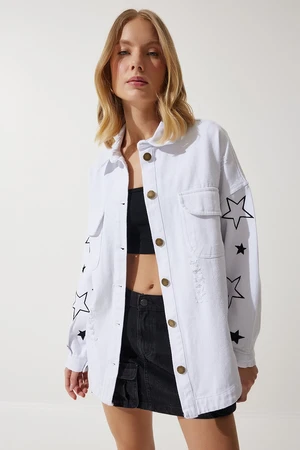 Happiness İstanbul Women's White Star Embroidered Oversize Shirt Jacket