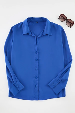 Trendyol Curve Blue Buttoned Regular Cut Woven Plus Size Shirt