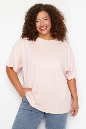 Trendyol Curve Light Pink 100% Cotton Back Printed Wide Comfort Fit Crew Neck Knitted T-Shirt