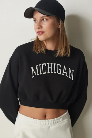 Happiness İstanbul Women's Black Printed Crop Knitted Sweatshirt