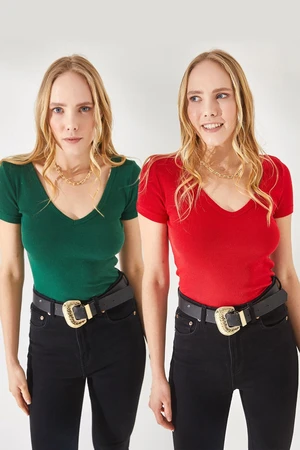 Olalook Women's Emerald-Red V-Neck Short Sleeve 2-Pack Suit Blouse