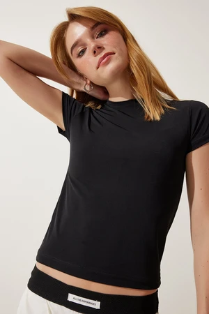 Happiness İstanbul Women's Black Crew Neck Basic Sandy T-Shirt