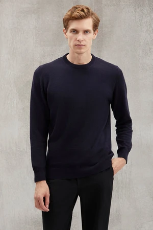 GRIMELANGE Battis Men's 50% Cotton Special Silk Touch Anti-pilling Soft Round Neck Navy Blue Sweate