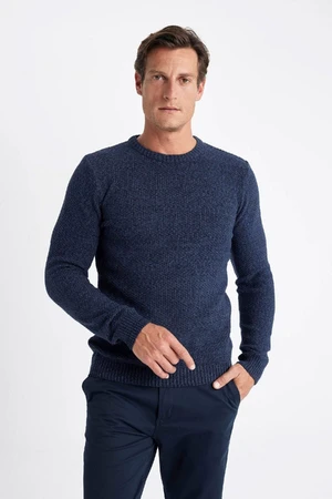 DEFACTO Men's Navy Blue Standard Fit Regular Cut Crew Neck Textured Basic Knitwear Sweater