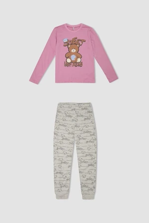 DEFACTO Girls Pajama Set Teddy Bear Printed Long Sleeve Top Elastic Waist Patterned Long Bottom