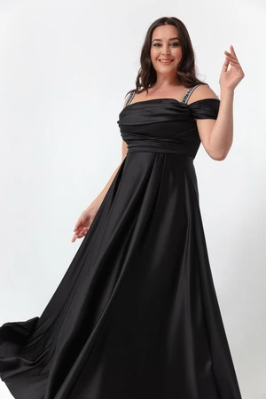 Lafaba Women's Black Stone Strap Draped Plus Size Long Evening Dress