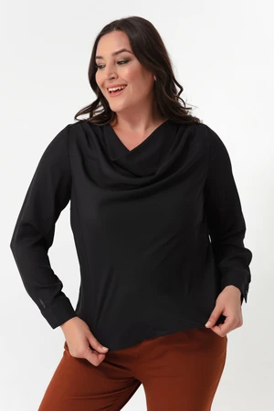 Lafaba Women's Black Pleated Collar Long Sleeve Plus Size Blouse