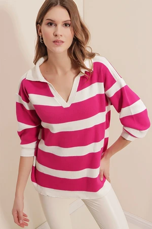 Bigdart 15792 Polo Neck Striped Sweater - Fuchsia