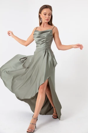 Lafaba Women's Khaki Evening Dress &; Prom Dress with Ruffles and a Slit in Satin