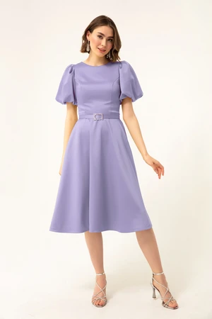 Lafaba Women's Lilac Mini Satin Evening Dress with Balloon Sleeves and Stones.